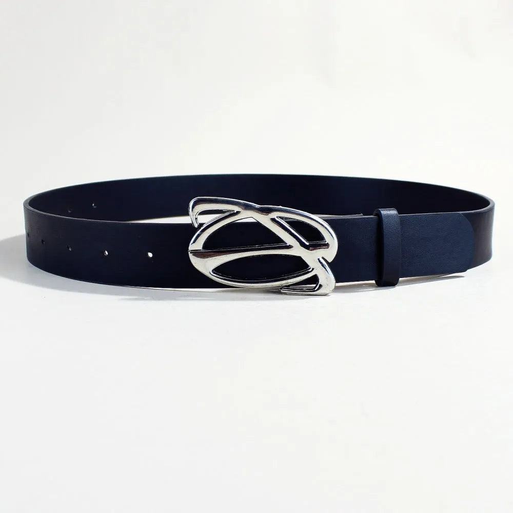 Men's casual silver buckle belt with PU leather strap shown fastened
