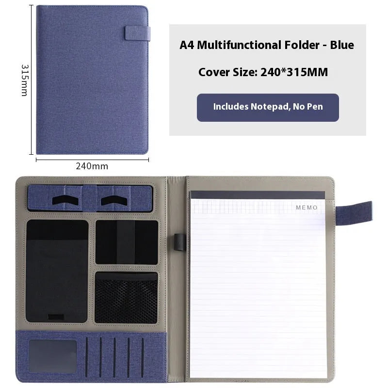 Black leather A4 business folder with 35mm gusset showing pen loop and notepad configuration