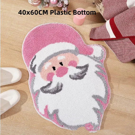 Square Christmas-themed hallway mat with non-slip backing on a wooden floor.