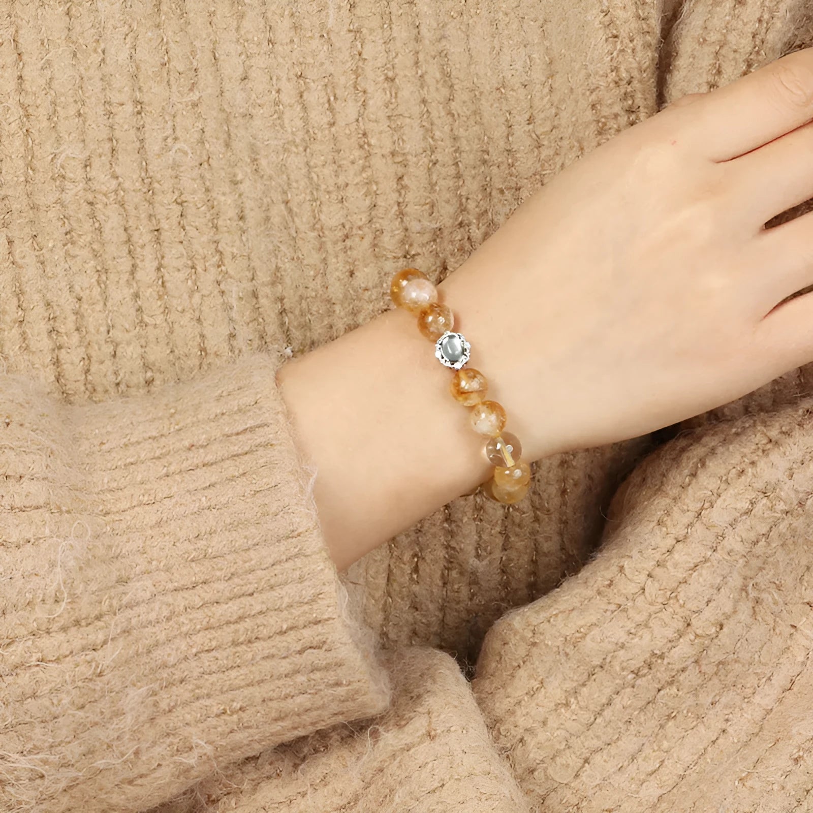 Geometric citrine crystal bracelet with 10mm beads in polished finish