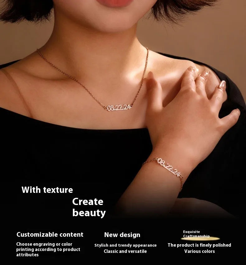 Stainless steel digital bracelet and necklace set with decorative stones in gold, rose gold, or steel colour