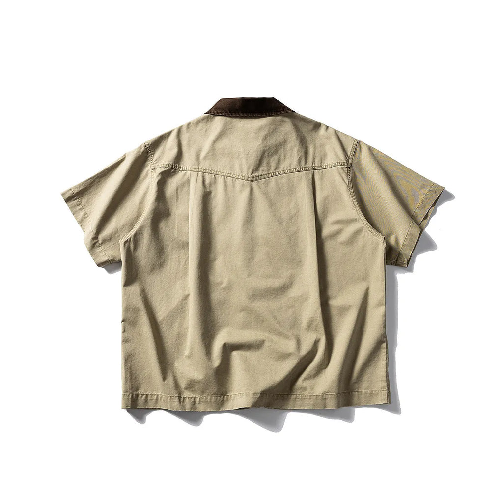 Grey short sleeve overalls shirt with loose fit and cotton fabric