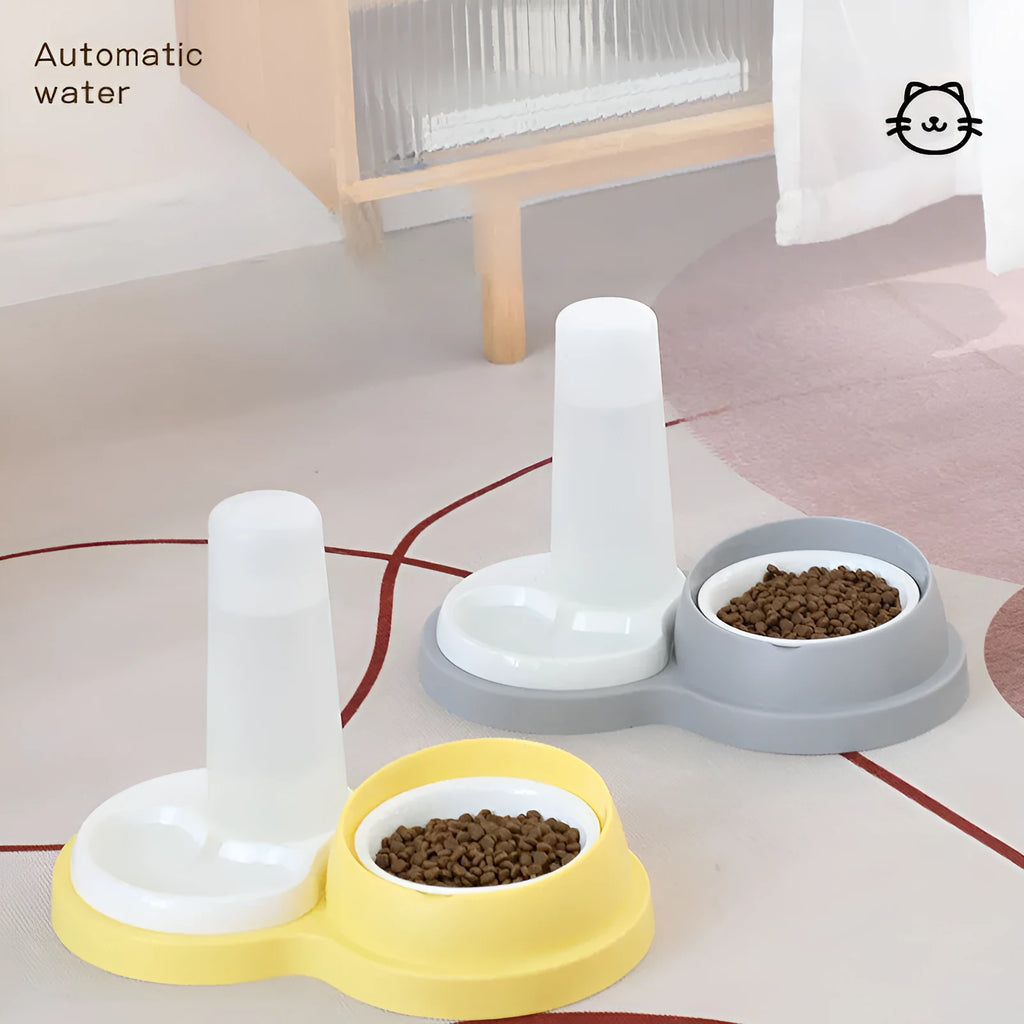 Grey pet double feeding bowl with neck protection and automatic water supply
