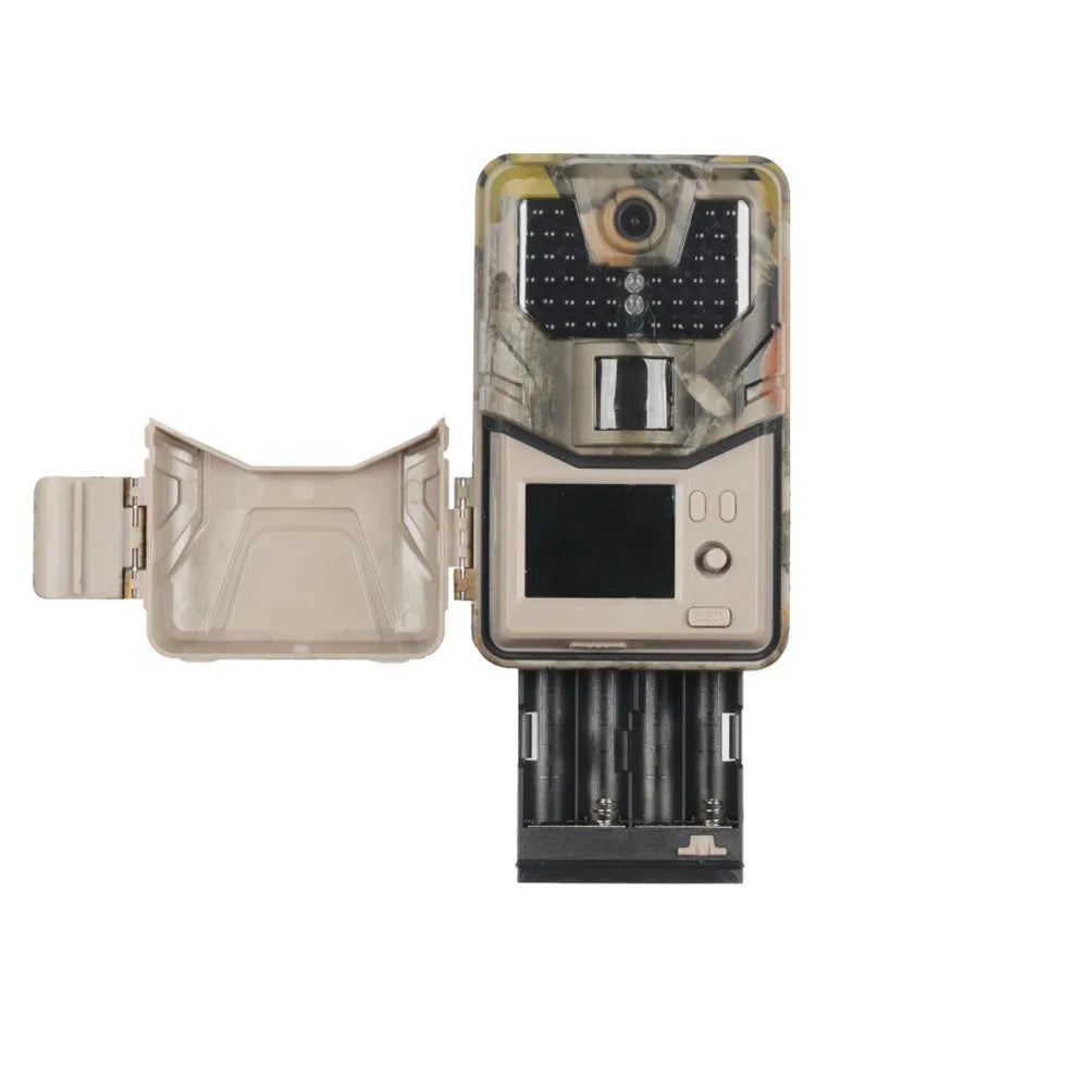 Compact camouflage infrared hunting camera with lens and infrared LEDs visible.
