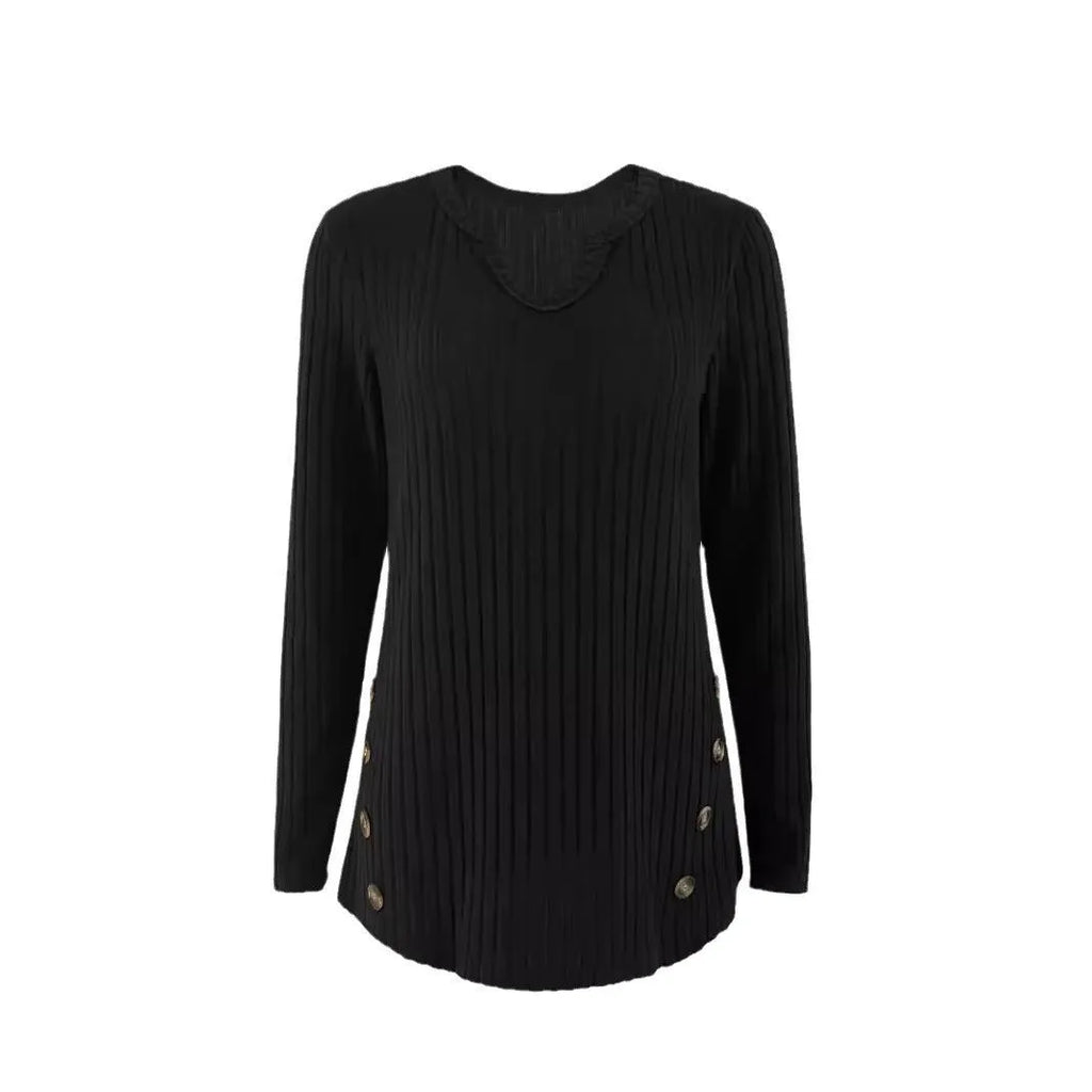 Women's black knitted pullover sweater with a button detail on the front.