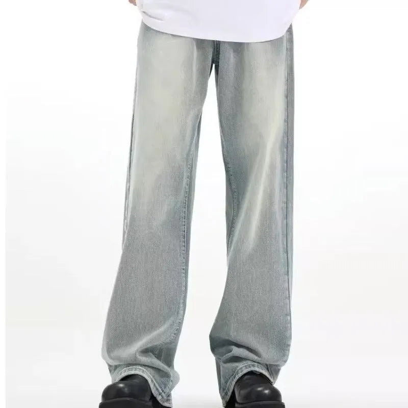 Blue retro-style loose-fit casual trousers with high elasticity, made from rabbit fur fabric.