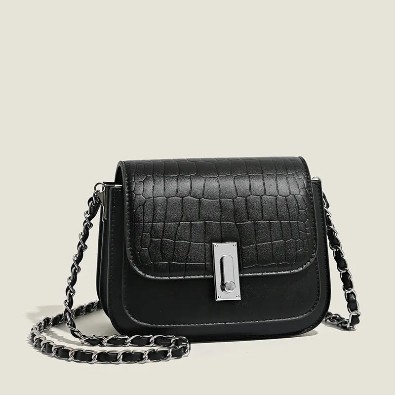 Women's soft PU leather shoulder bag with chain strap in horizontal square shape showing sandwich pocket design