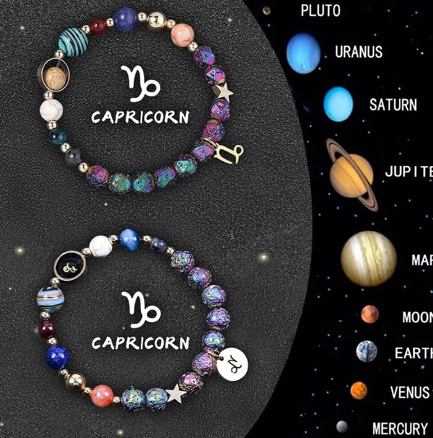 Natural stone zodiac bead bracelet with magnetic clasp showing astrological symbols