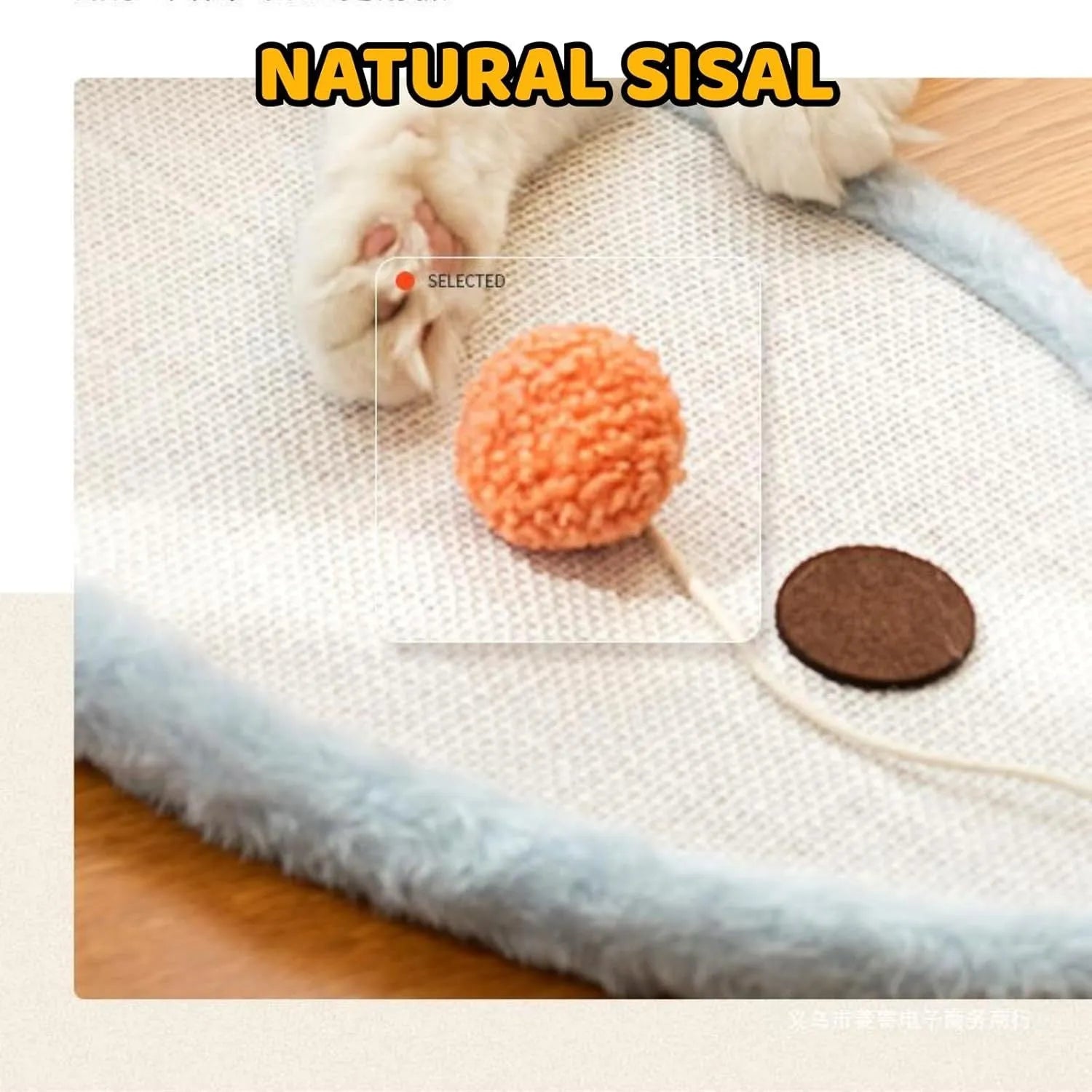 Natural sisal cat scratching mat with sleeping cat design measuring 410x210mm