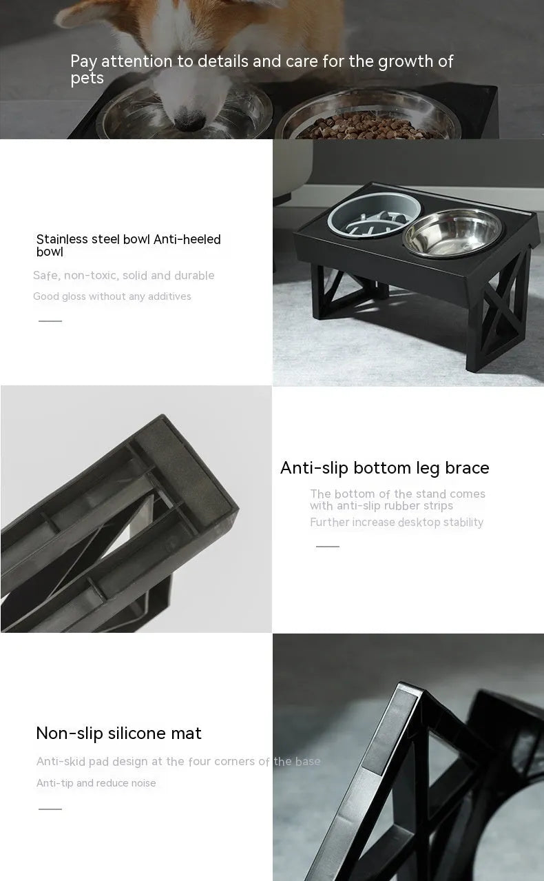 Adjustable elevated stainless steel anti-choke slow food dog bowl with double bowl set on floor