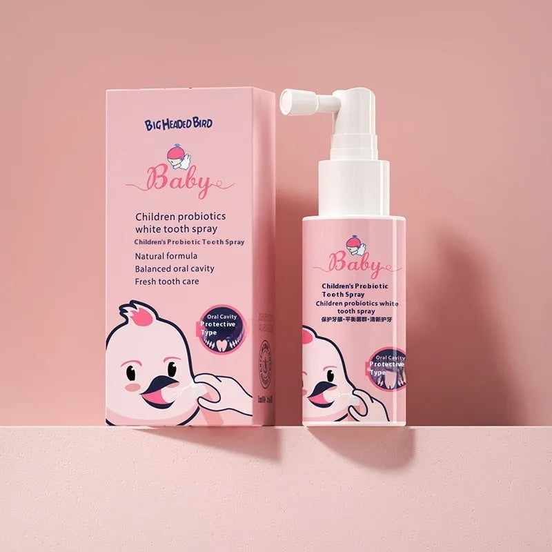 Children's probiotic anticavity oral spray in 40ml bottle with strawberry and orange flavour options