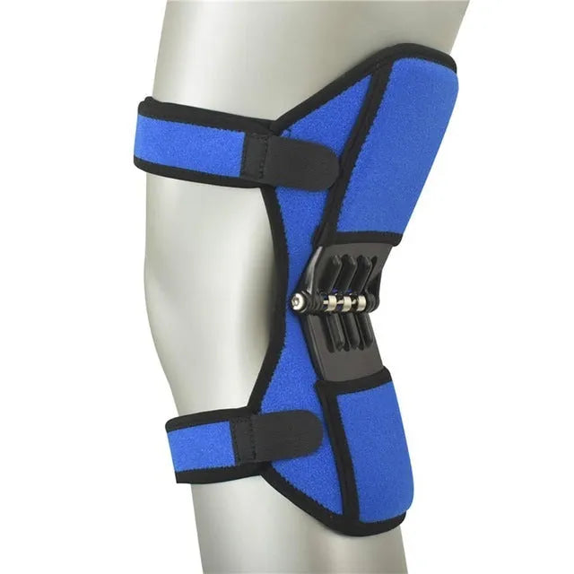 Black spring knee brace with adjustable straps on a grey background