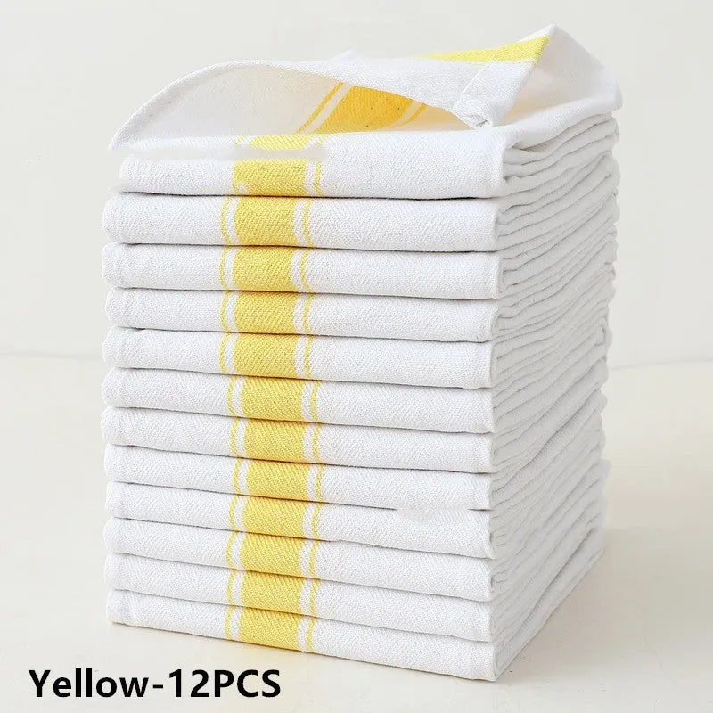 Set of twelve striped polyester cotton blend dish towels showing colour options: black, blue, brown, yellow, and multi-colour.