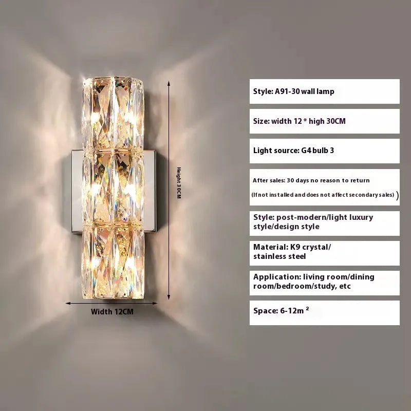 Crystal wall lamp with stainless steel base in chrome or gold finish, LED tricolour lighting, multiple size options