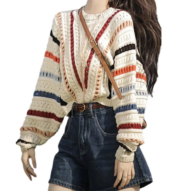 Rainbow striped hollow knit sweater with batwing sleeves and round neck