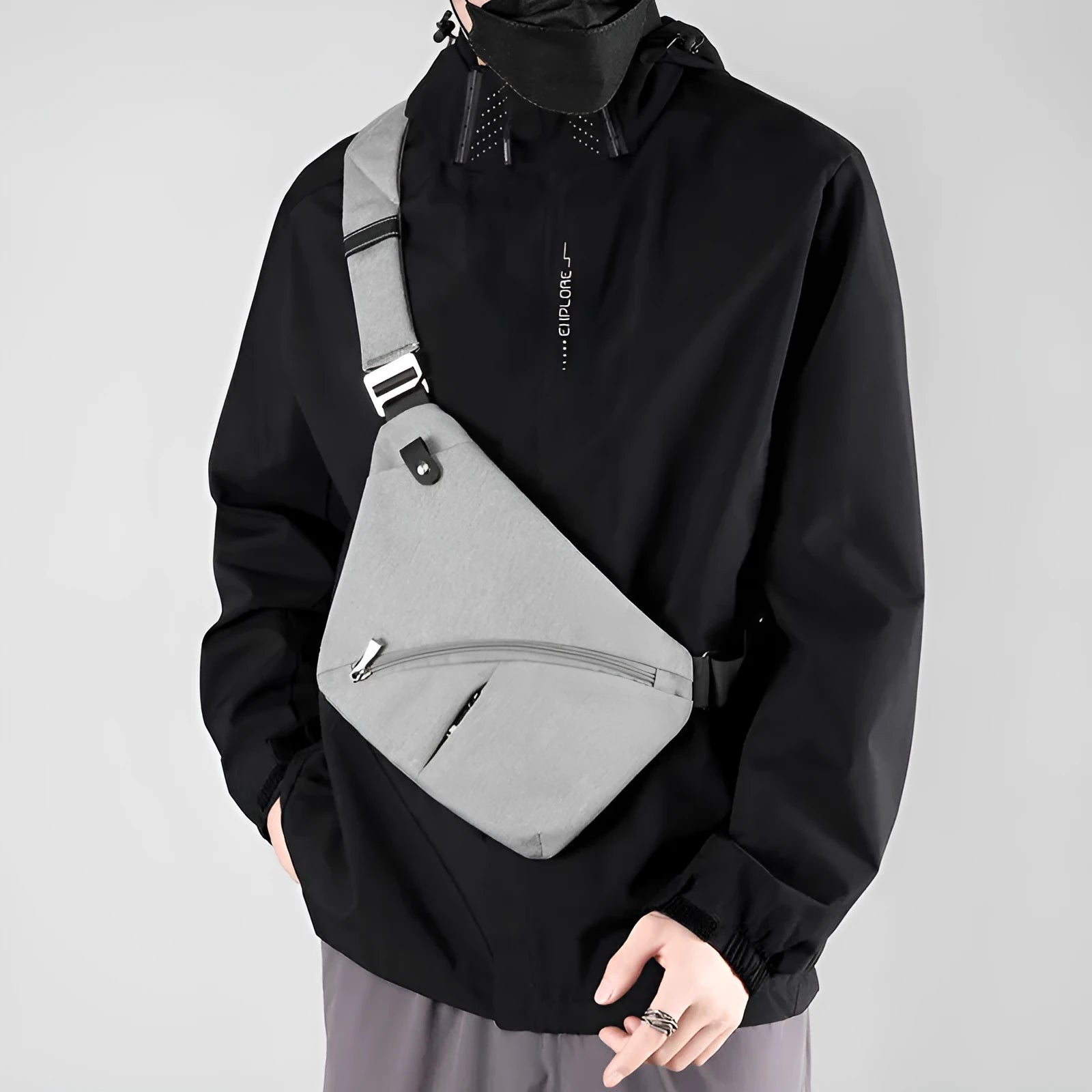 Men's grey Oxford cloth chest bag worn crossbody with letter detail
