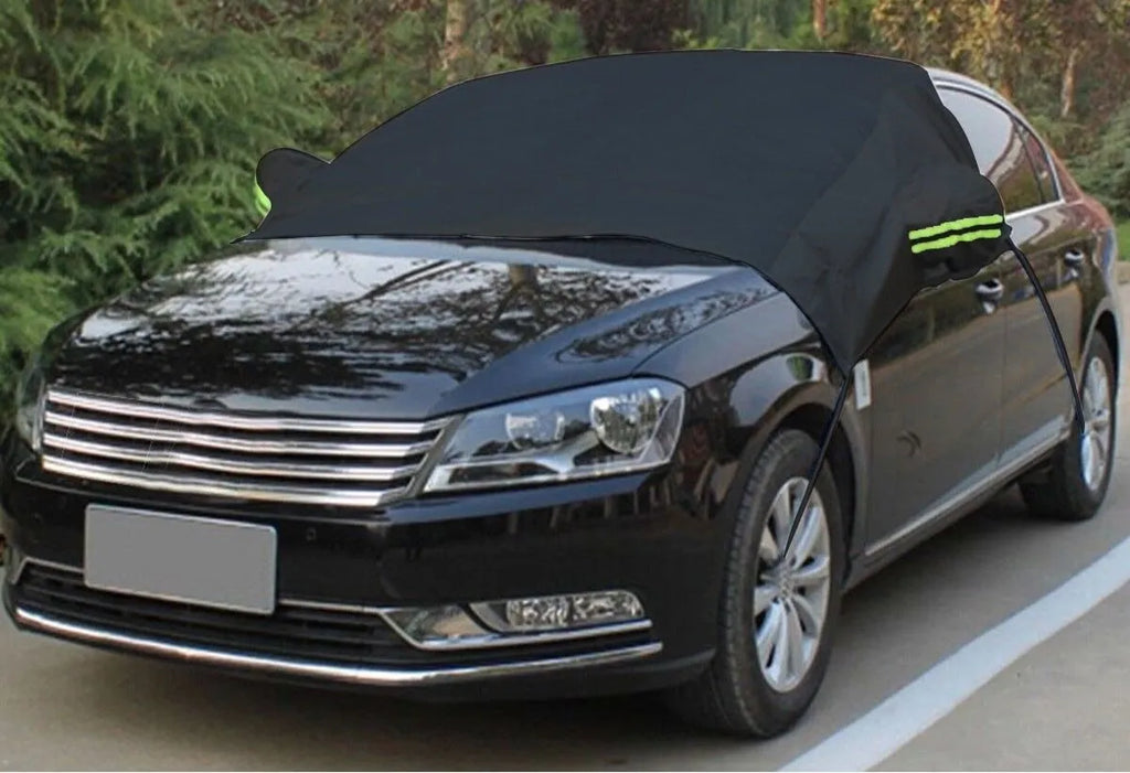 Car windshield frost cover in black/silver, 169x238cm, fitted over windscreen with edges tucked inside car doors