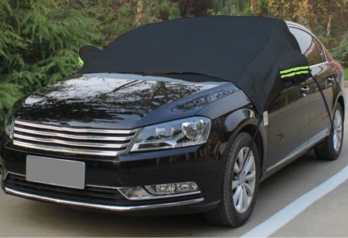 Car windshield frost cover in black/silver, 169x238cm, fitted over windscreen with edges tucked inside car doors