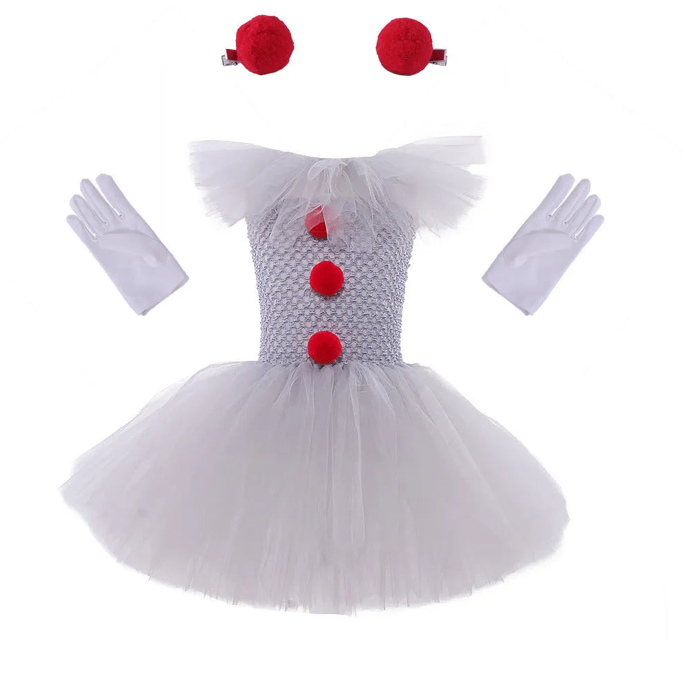 Children's mesh princess dress set with lace collar, hairpin, and gloves for Halloween costume, multiple sizes 90-160cm