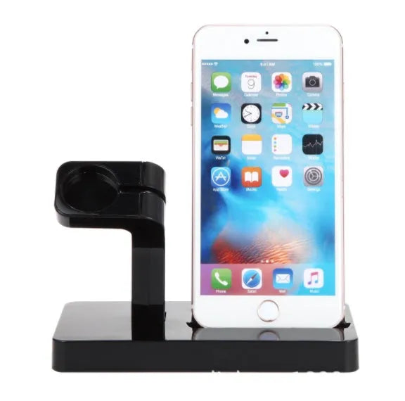 White 2-in-1 charging dock station holding an iPhone and an Apple Watch upright on a desk.