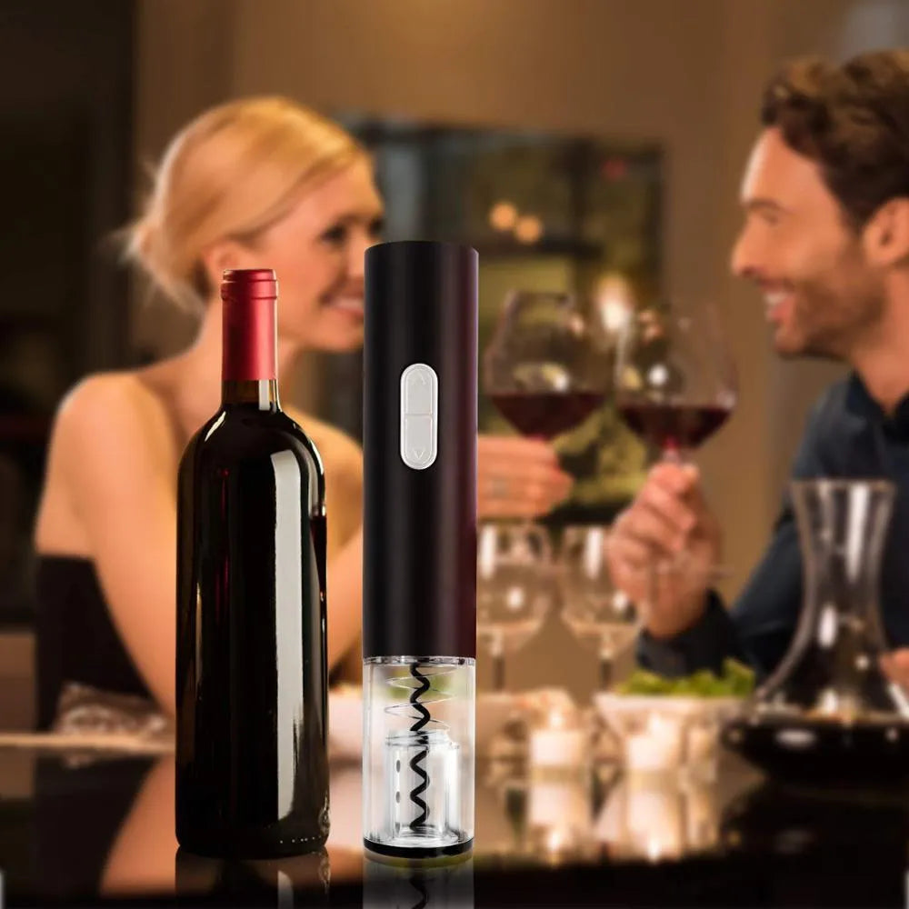 Electric wine opener with foil cutter in red, black and white colour options showing compact design