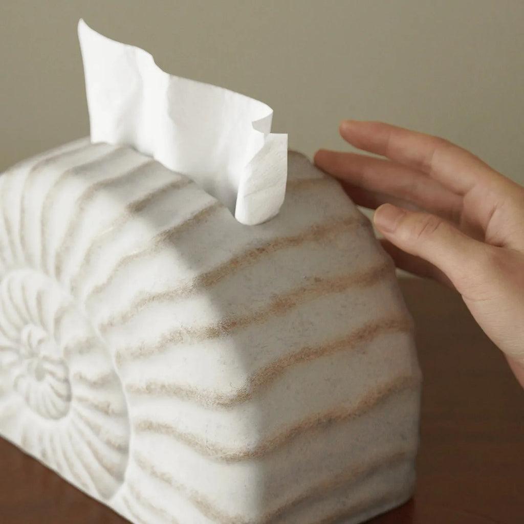 Conch coloured resin tissue box with modern minimalist design for home decor