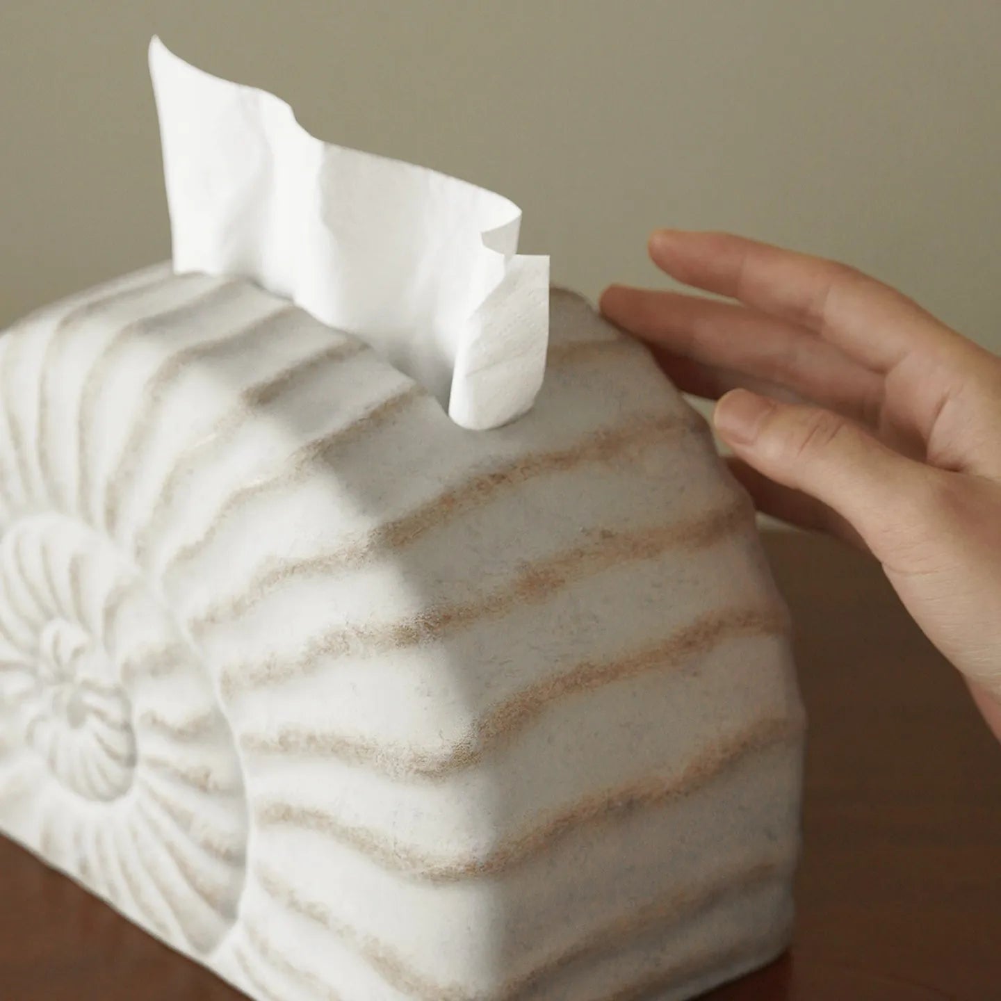 Conch coloured resin tissue box with modern minimalist design for home decor