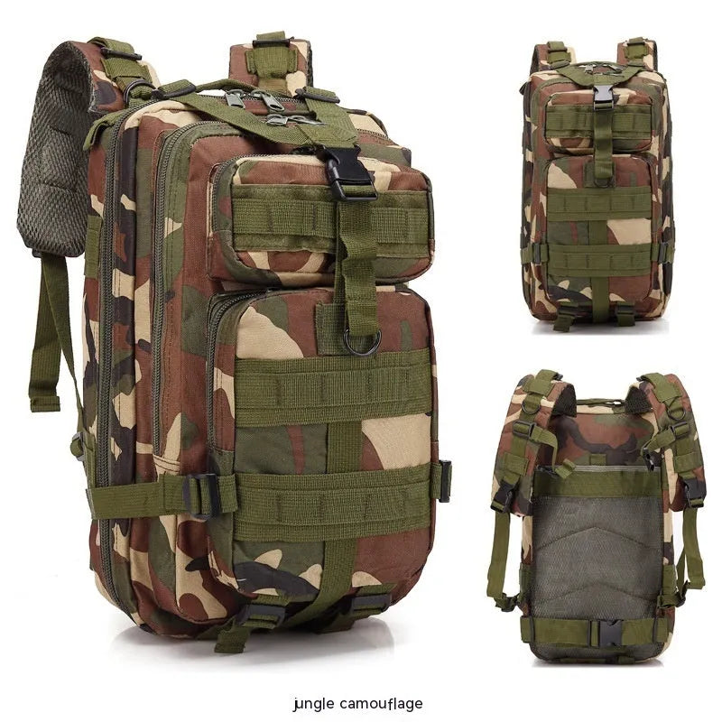 Large khaki Oxford cloth hiking backpack with air pillow belt system, shown for mountaineering use.