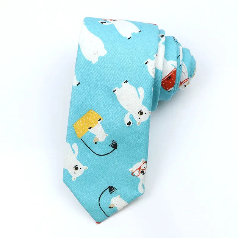Narrow Korean-style cotton bow tie with a printed cartoon pattern.