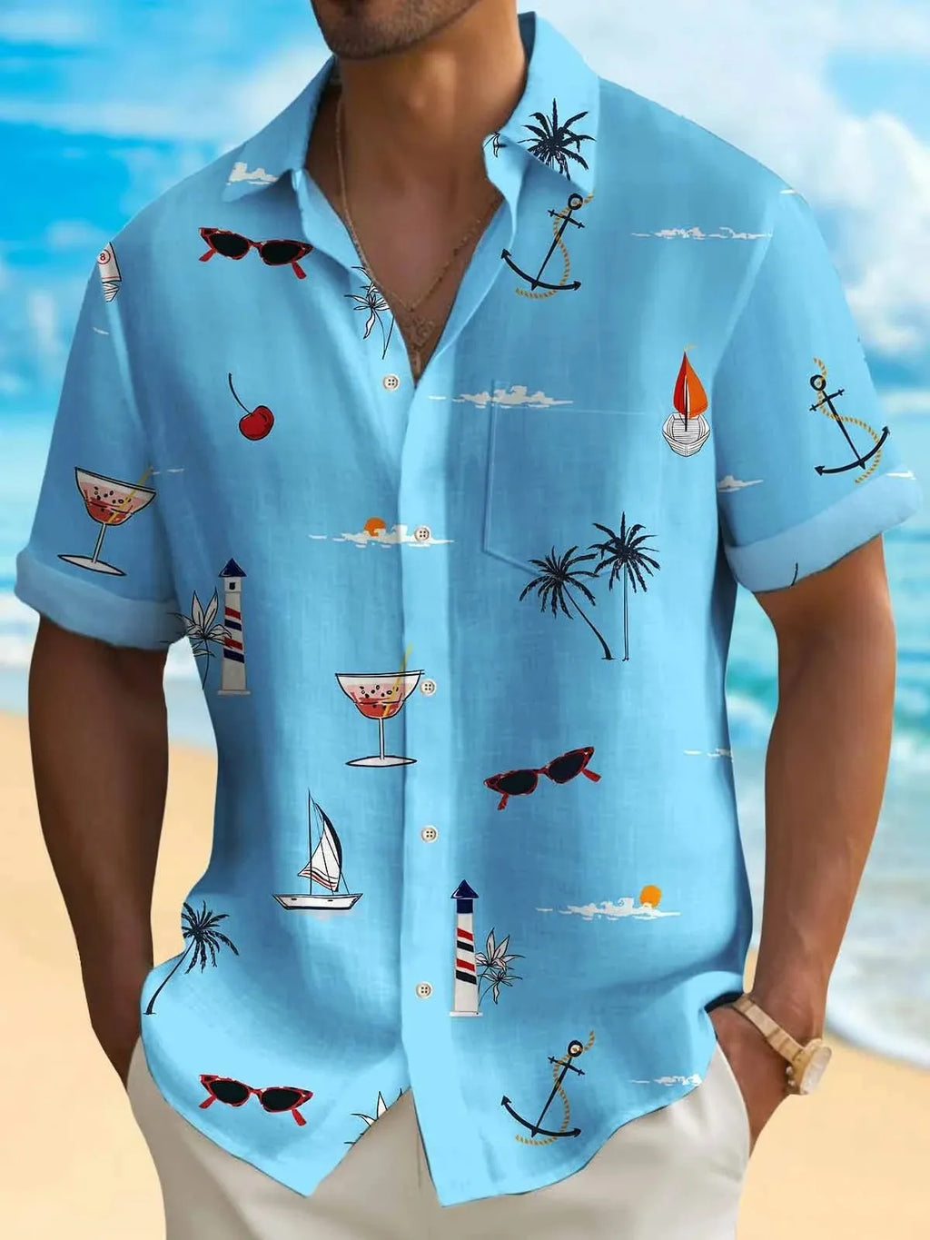 Men's digital print Hawaiian shirt with tropical pattern on polyester fabric in loose fit