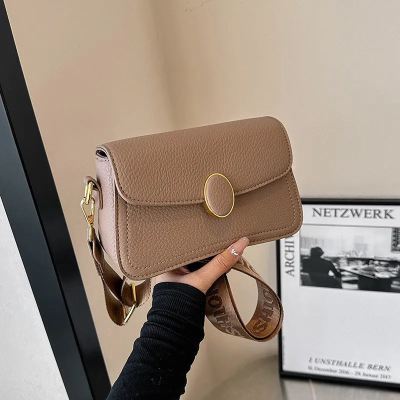 Fashion small square bag with wide shoulder strap in horizontal shape, PU material, khaki colour