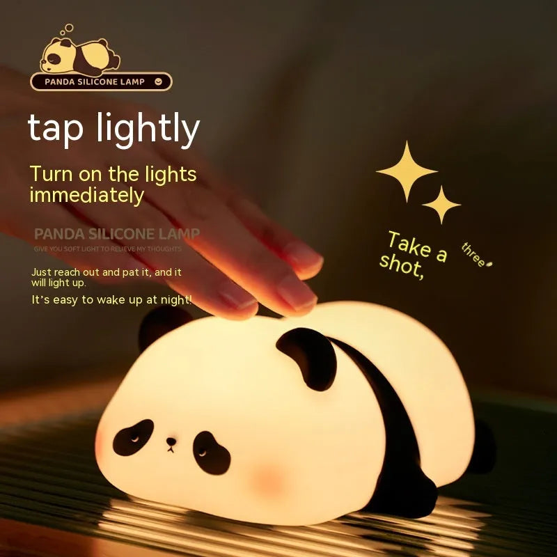 Panda head night light with silicone construction showing clap controls and USB charging port