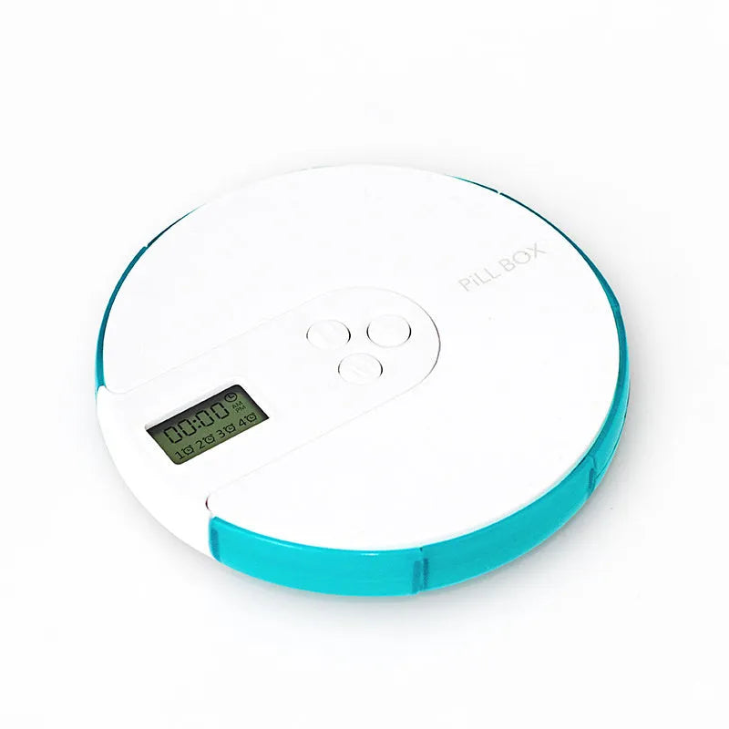 Seven-compartment electronic pill dispenser with alarm clock display, shown in blue.