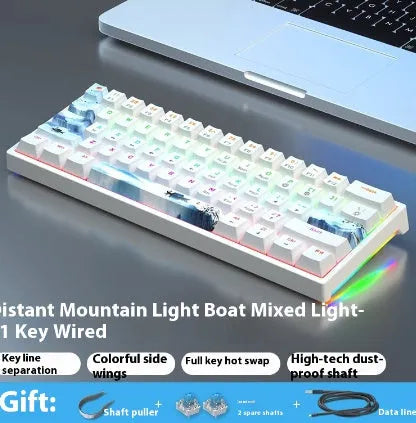 Bluish-black 61-key mechanical keyboard with hot-swappable switches on a desk
