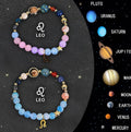 Set of two natural stone beaded bracelets showing different zodiac sign styles.