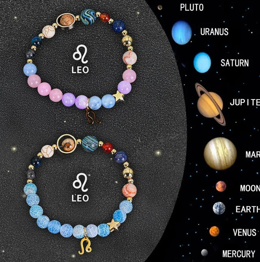 Set of two natural stone beaded bracelets showing different zodiac sign styles.