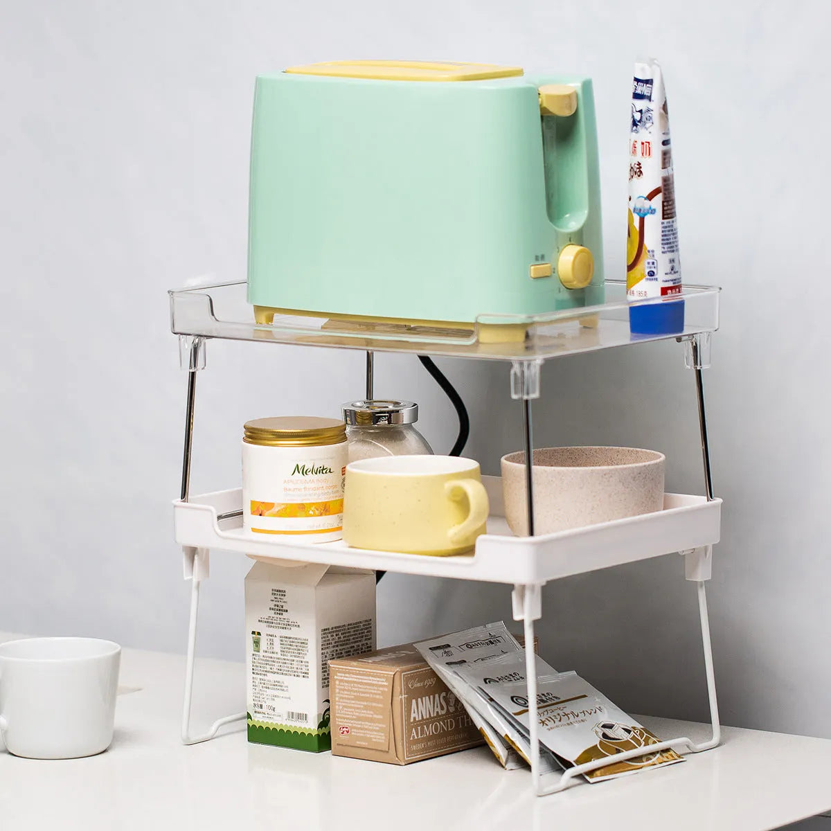 Transparent or white plastic kitchen supplies rack organiser for desktop or cupboard storage