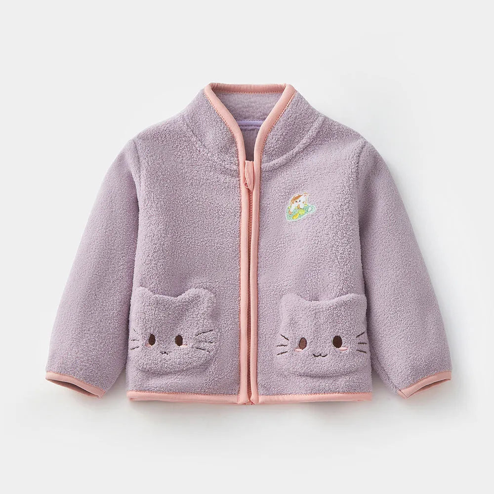Children's fleece rabbit coat in pink with velvet outer, fur lining, and full-length zipper, suitable for autumn and winter
