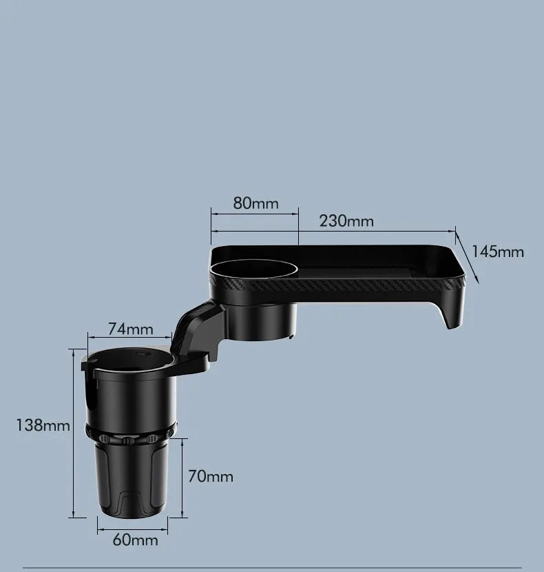 Black car-mounted rotating tray holder with dinner plate surface inserted in vehicle cup holder