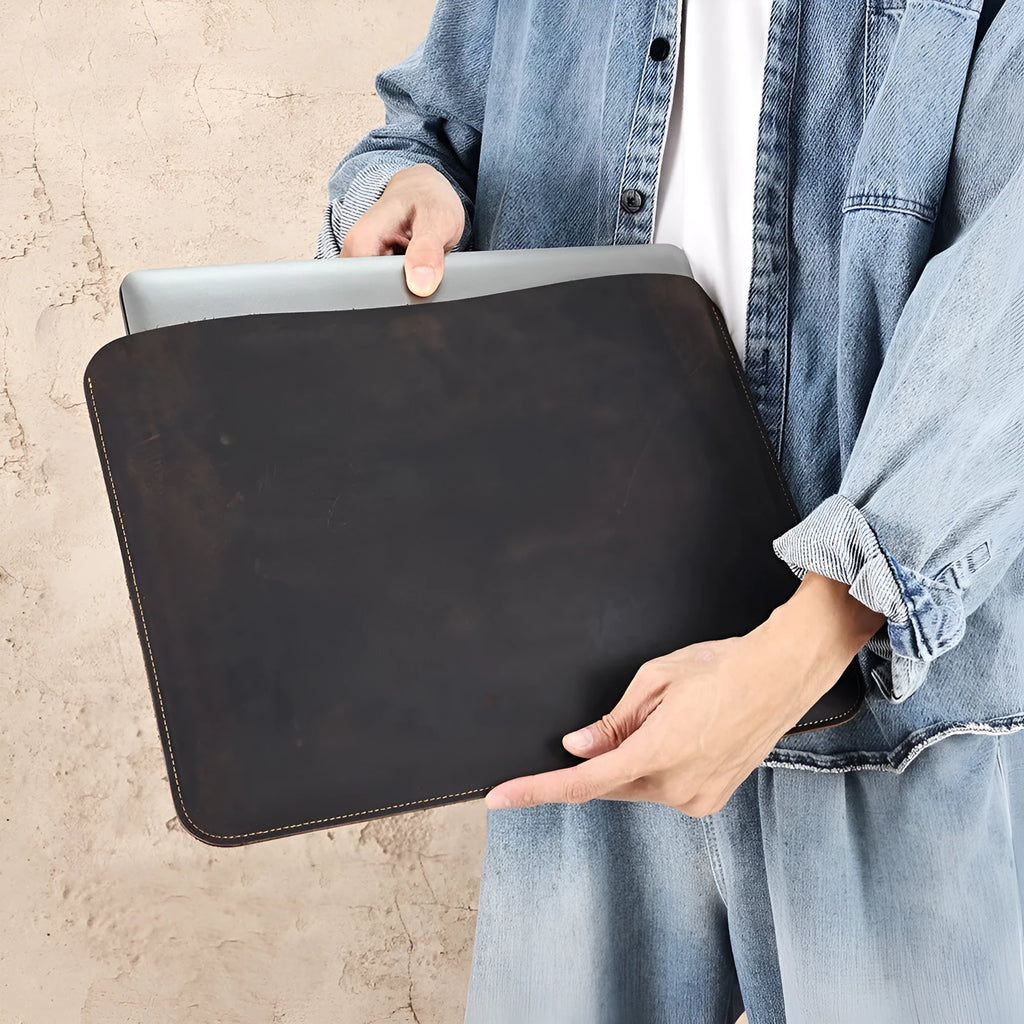Horizontal computer liner bag in Crazy Horse leather with two size options