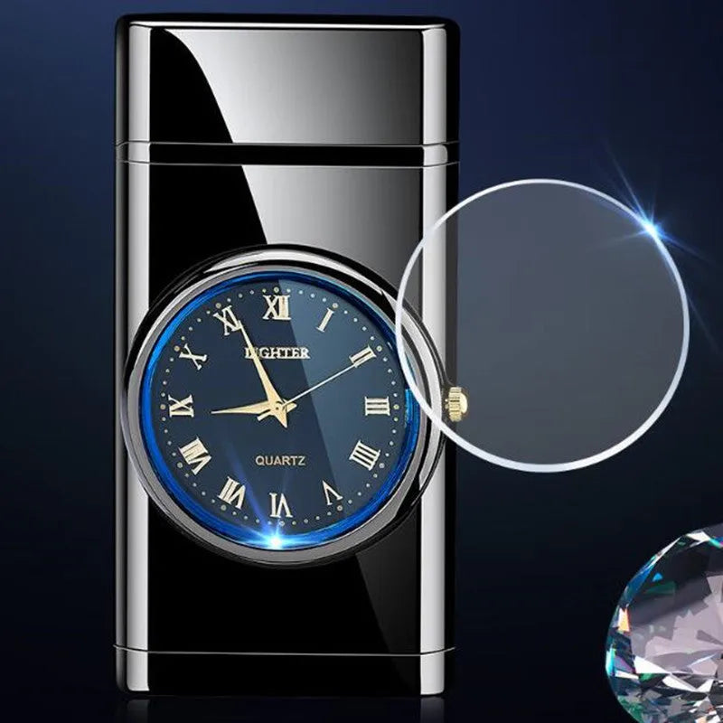 Electronic watch cigarette lighter with LED flashing lamp in metal body showing multiple colour finish options