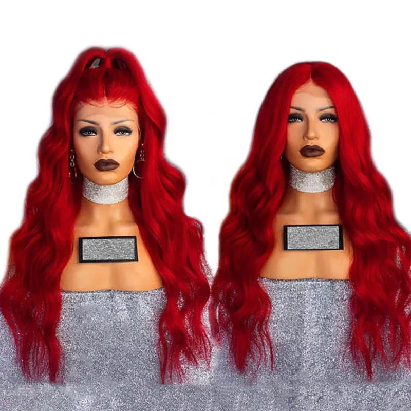 Long curly red female wig on stand with 26 inch length and half hand-woven construction