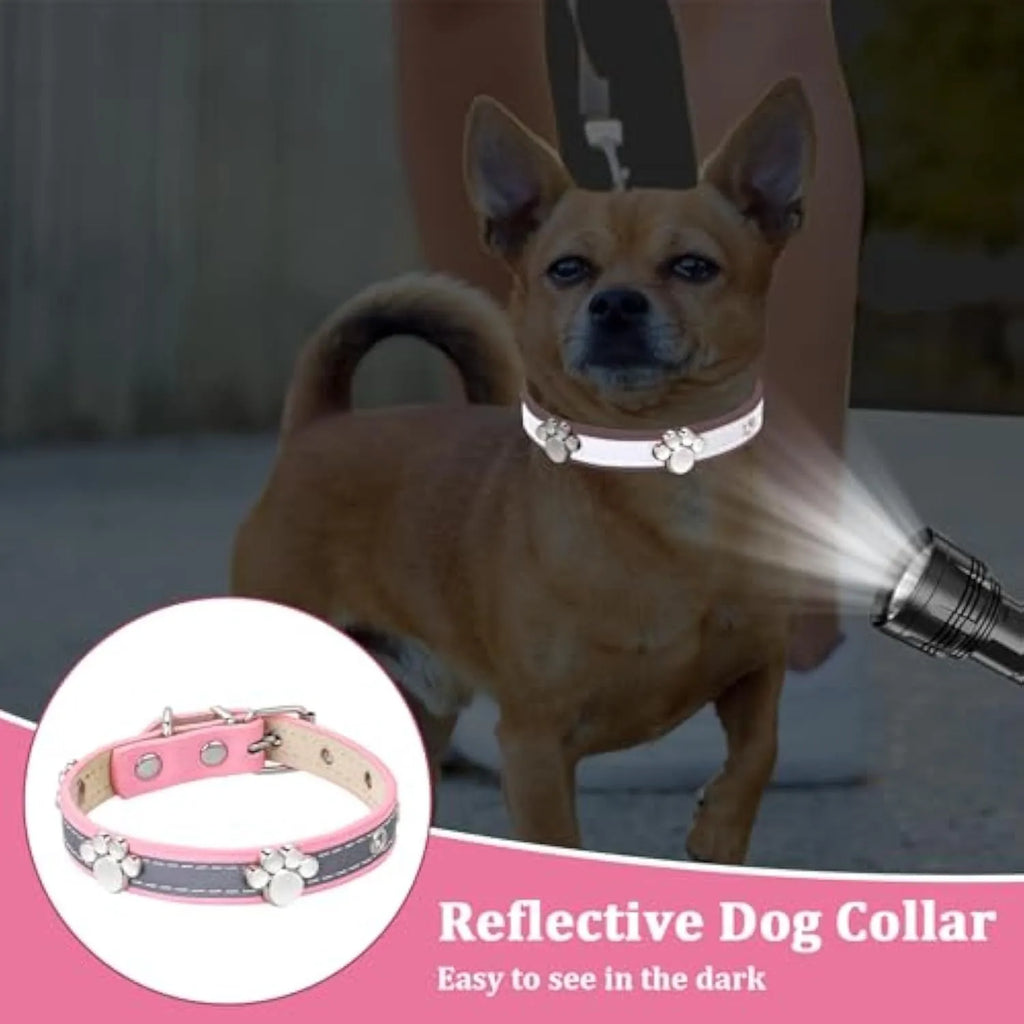 Reflective brown PU leather dog collar with metal buckle and decorative paw-shaped rivet.