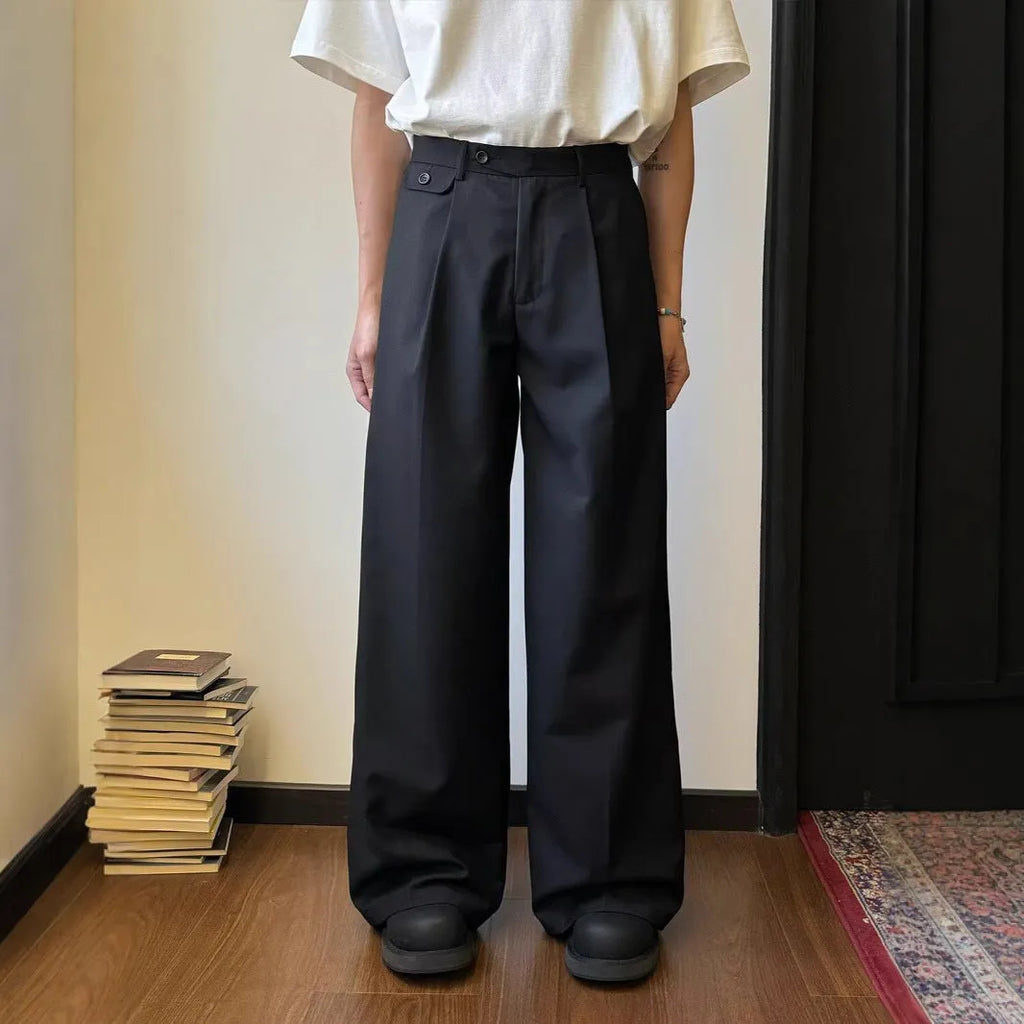 Men's straight-leg wide-leg casual suit pants in black or brown polyester blend fabric