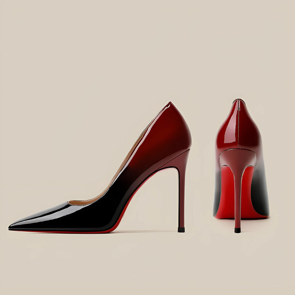 Patent leather black red gradient stiletto high heels pointed toe women's shoes