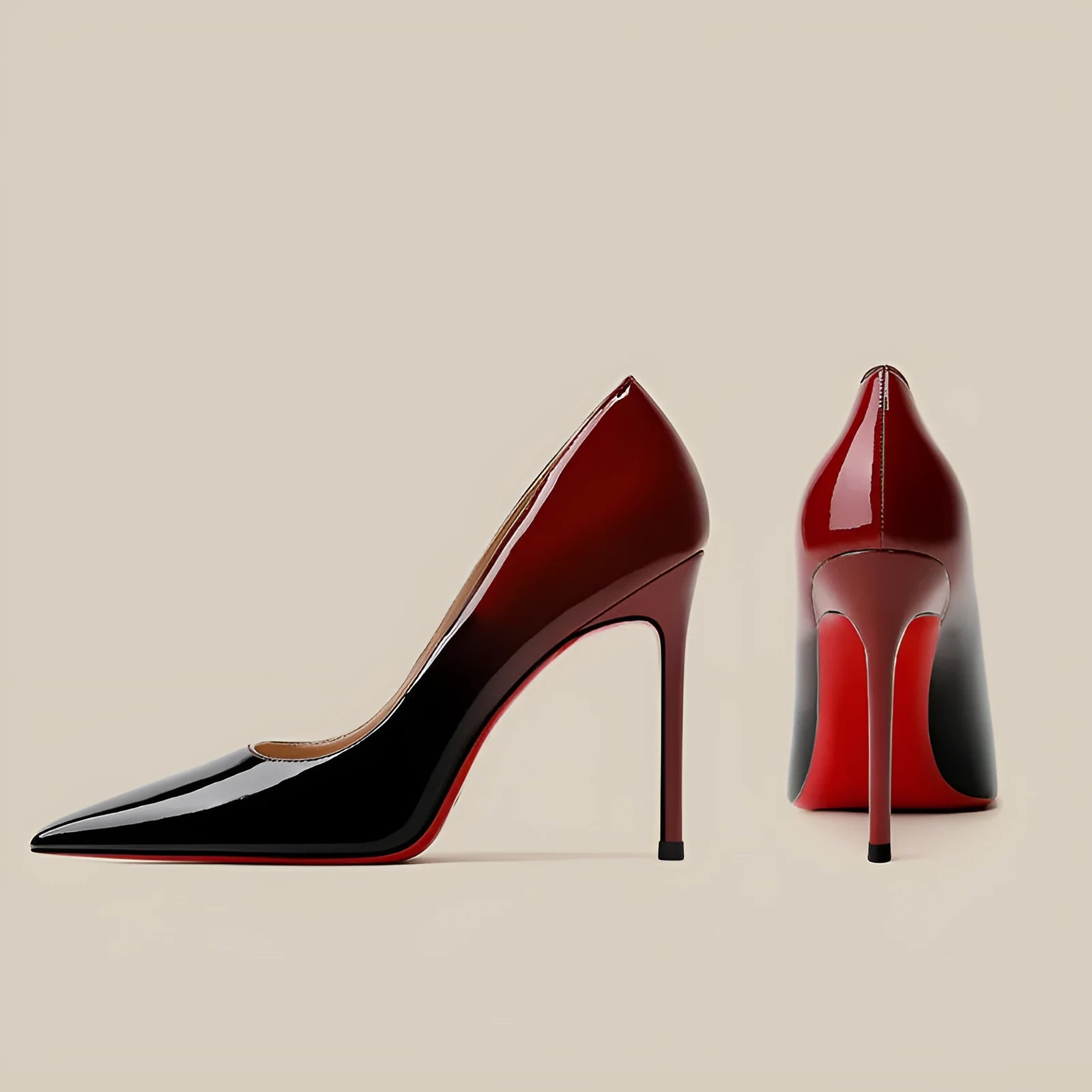 Patent leather black red gradient stiletto high heels pointed toe women's shoes