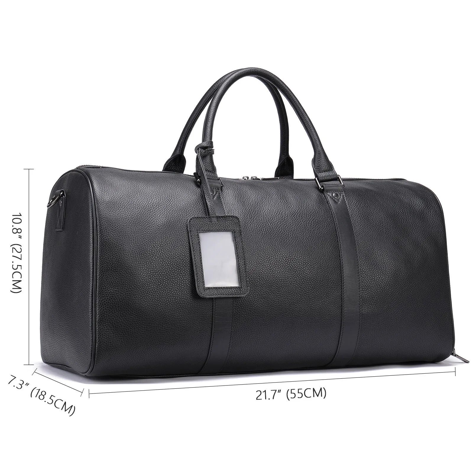 Men's black leather excursion bag with single strap showing 44cm length