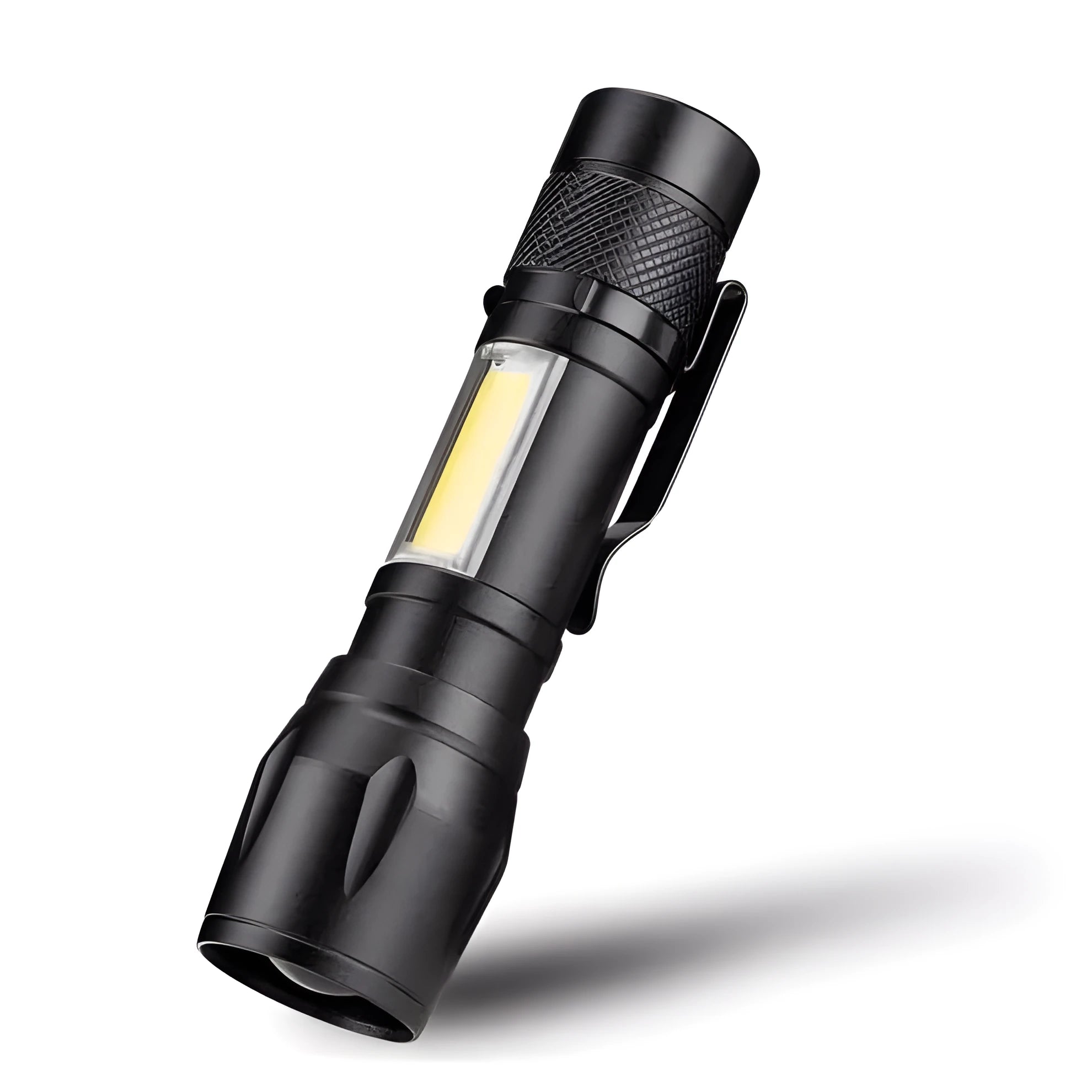 Black mini aluminium telescopic LED torch with pocket clip shown extended and retracted