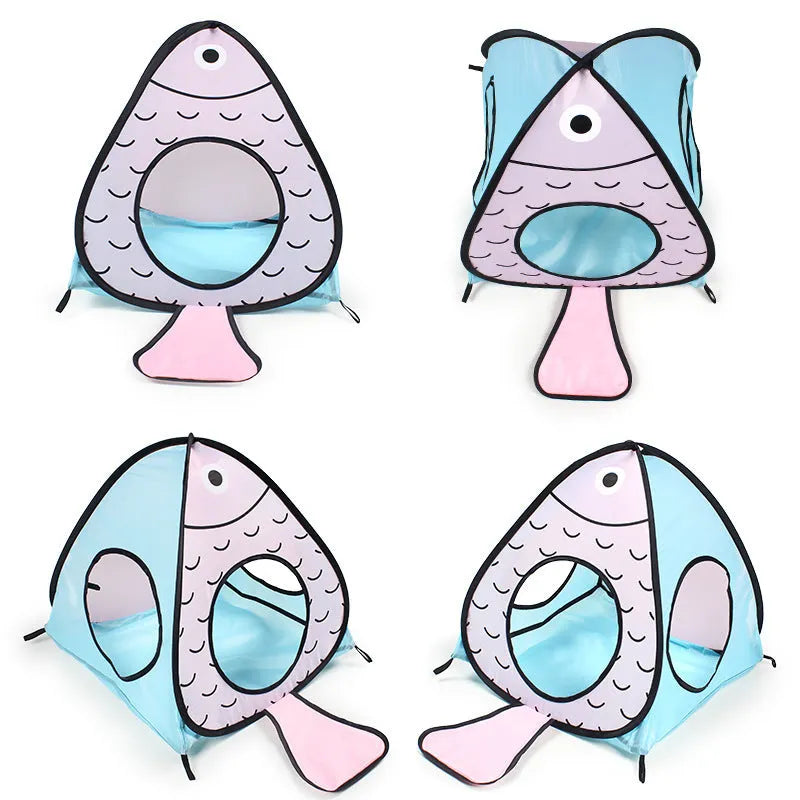 Foldable three-piece cat tent and tunnel set in a cat and fish design, made from white PP plastic.