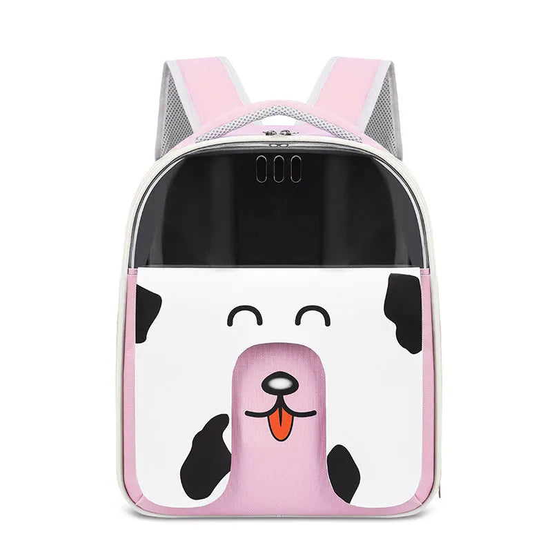 Large capacity PU PVC pet backpack in beige, for outdoor travel with a cat